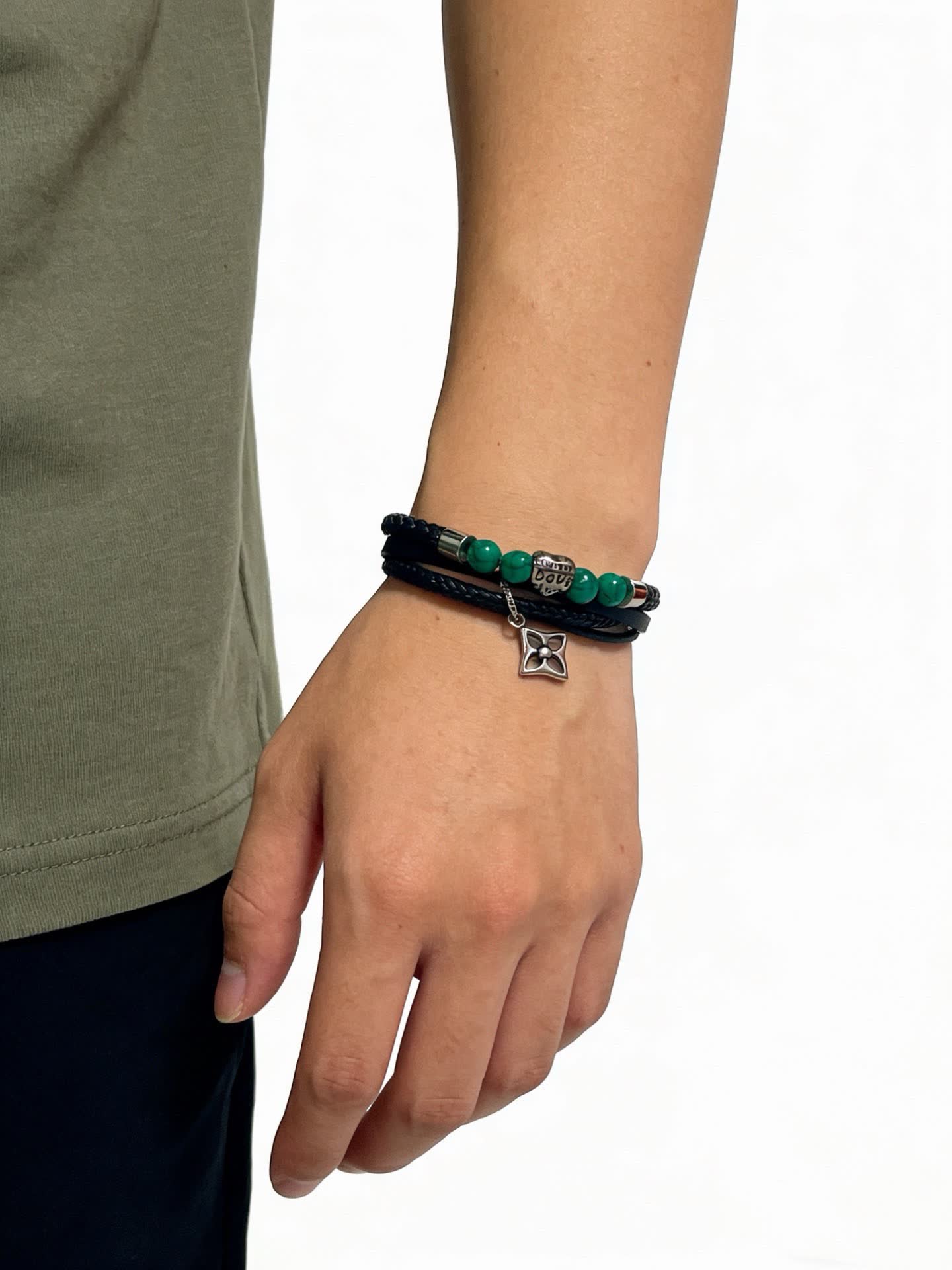 Louis Vuitton Men's Double Wrap Bracelet with Green Beads and Silver Charm